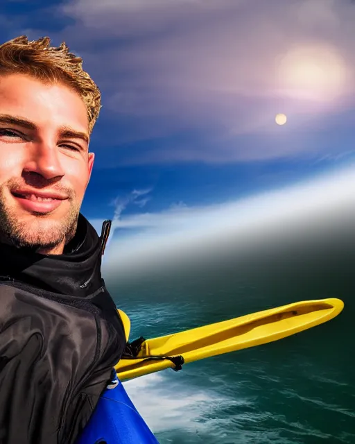 Image similar to realistic portrait of a blonde guy in a kayak over the clouds in the sky