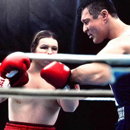 Prompt: a wombat wearing boxing gloves in the boxing ring, movie still from Rocky