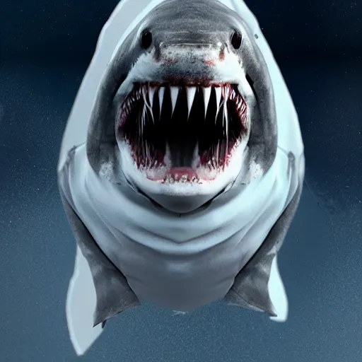 Image similar to great white shark wearing a hoodie at night, 8 k, photorealistic, cinematic photography, trending on artstation