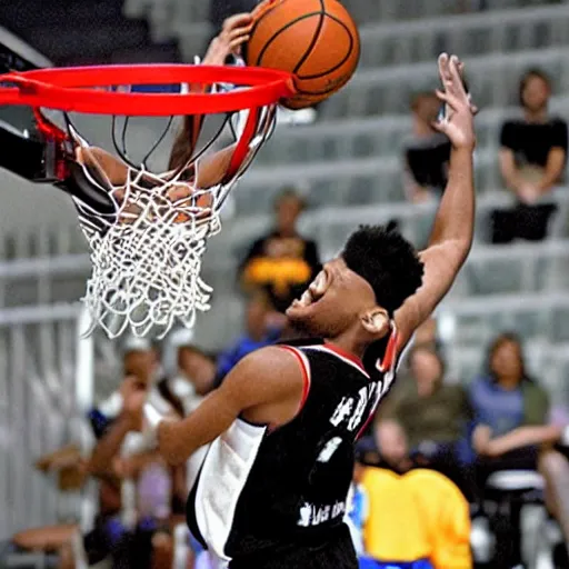 Prompt: A photograph of Venom slam dunking