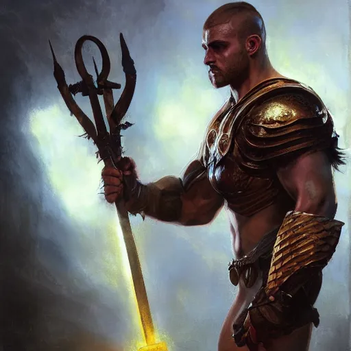 Image similar to handsome portrait of a spartan guy bodybuilder posing, radiant light, caustics, war hero, dragon age inquisition, by gaston bussiere, bayard wu, greg rutkowski, giger, maxim verehin