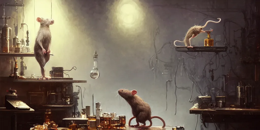 Image similar to highly realistic intricate rat standing on a desk in a laboratory with lots of flasks filled with magic liquids and poisonous fog, stephen bliss, unreal engine, fantasy art by greg rutkowski, loish, rhads, ferdinand knab, ilya kuvshinov, rossdraws, tom bagshaw, global illumination, radiant soft light, detailed and intricate environment