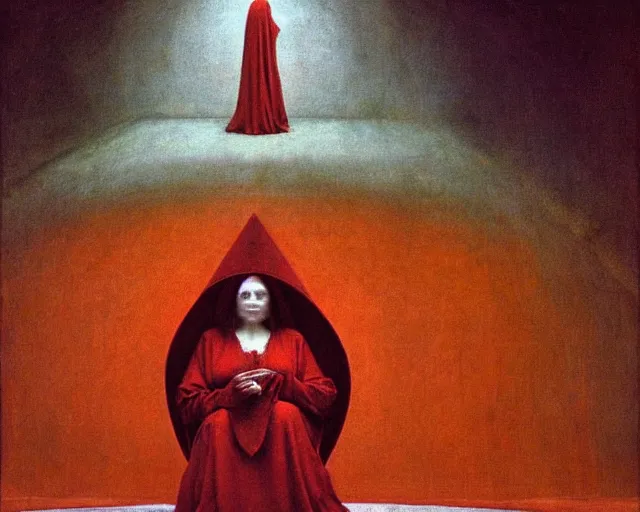 Prompt: devotion to the scarlet woman, priestess in a conical hat, coronation, ritual, sacrament, by francis bacon, beksinski, bosch, mystical redscale photography, opulence, luxury, maximalism.