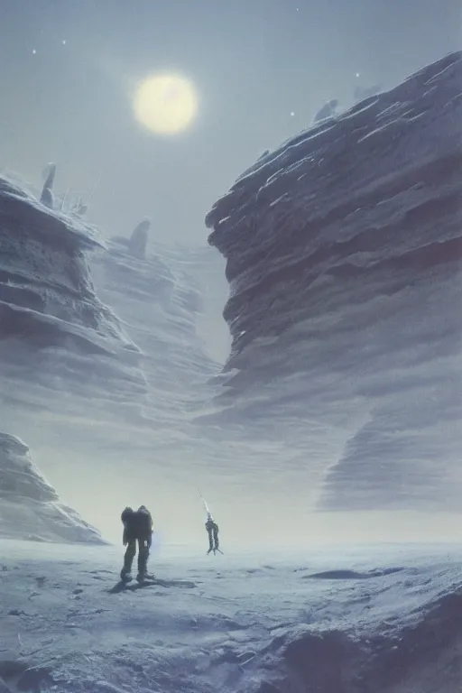 Prompt: emissary space by arthur haas and bruce pennington and john schoenherr, cyborgs, cinematic matte painting, 8 k, planet hoth, dark color palate, mountainscape