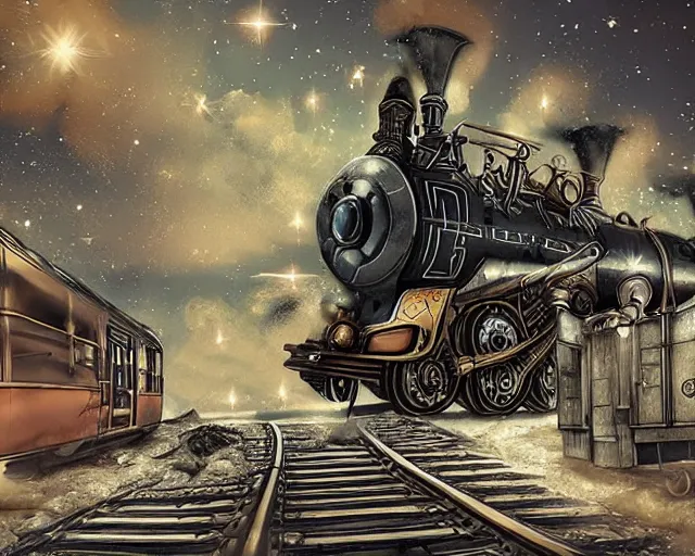 Image similar to steampunk train in space, digital Art, Rendering