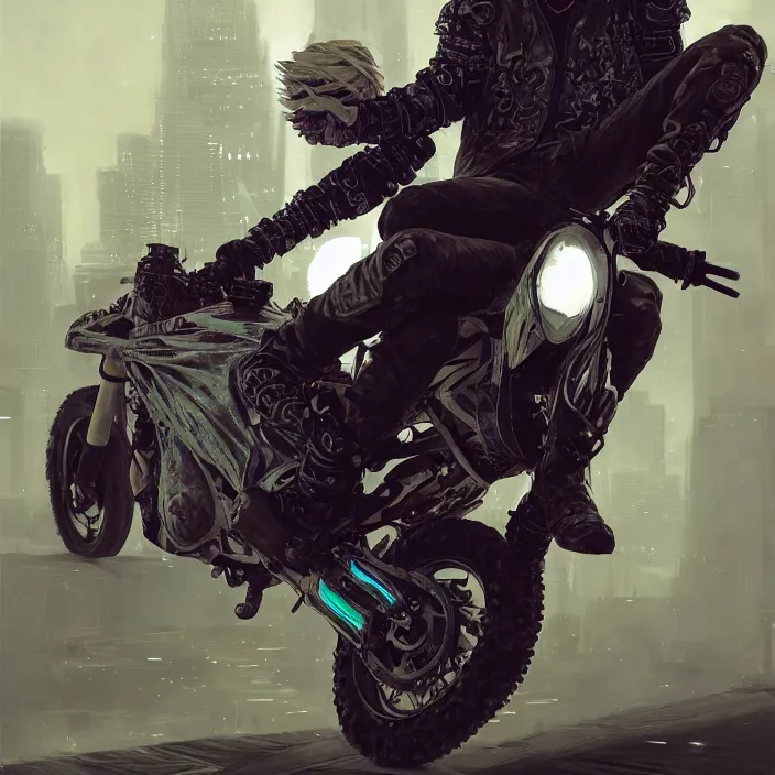 Image similar to beautiful blonde teenage boy wearing cyberpunk intricate streetwear riding dirt bike, beautiful, detailed portrait, cell shaded, 4 k, concept art, by wlop, ilya kuvshinov, artgerm, krenz cushart, greg rutkowski, pixiv. cinematic dramatic atmosphere, sharp focus, volumetric lighting, cinematic lighting, studio quality