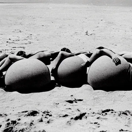 Image similar to photo of a giant ball of human bodies in bathing suits rolling down the beach in cronenburg style