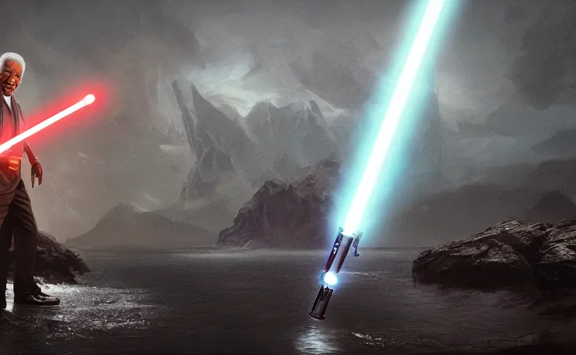 Prompt: morgan freeman holding a lightsaber, water landscape, dramatic lighting, cinematic, establishing shot, long full body shot, extremly high detail, photorealistic, cinematic lighting, post processed, concept art, artstation, matte painting, style by greg rutkowsky