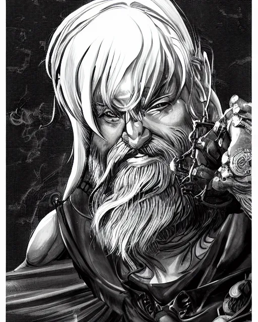 Image similar to An old man looking into a mirror, black and white, fantasy art, in the style of masami kurumada, illustration, epic, fantasy, intricate, hyper detailed, artstation, concept art, smooth, sharp focus, ray tracing