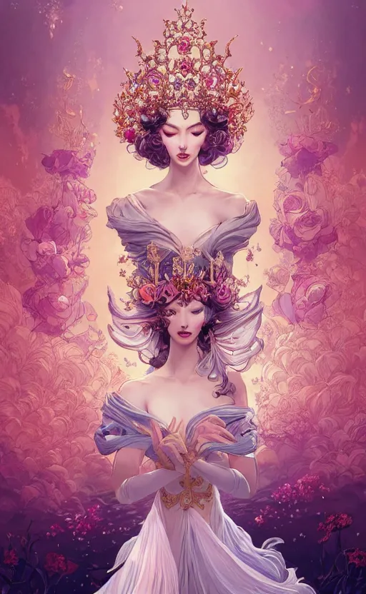 Prompt: A beautiful fantasy empress, highly detailed full body, breathtaking flower tiara, gorgeous aristocrat robe, beautiful figure, epic composition, ultra wide-shot, dynamic pose, concept art, beautifully lit, digital illustration, character design, sharp focus, elegant, intricate, artstation, by WLOP and James Jean and Victo Ngai and Ryohei Hase