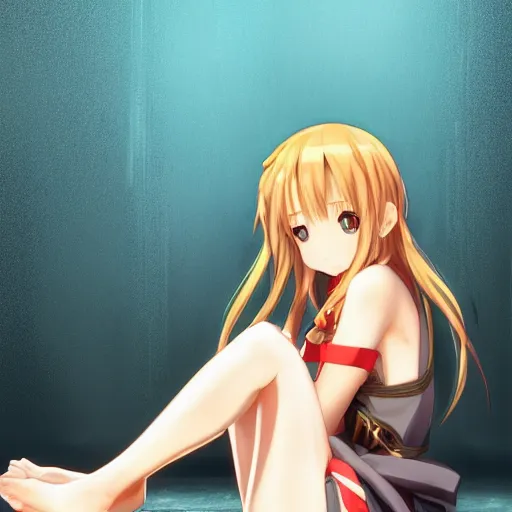 Image similar to a very beautiful young yuuki asuna sitting in a dark prison cell, full body, long wavy blond hair, sky blue eyes, full round face,, shiny golden bikini, miniskirt, front shot, sitting in a dark prison cell, highly detailed, cinematic wallpaper by stanley artgerm lau