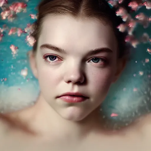 Image similar to portrait of a beautiful girl + anya taylor - joy floating under the deep dream water, beautiful smooth soft light + white petal, by personal photography, art by brookskim, closeup, 4 k, highly detailed, instagram,