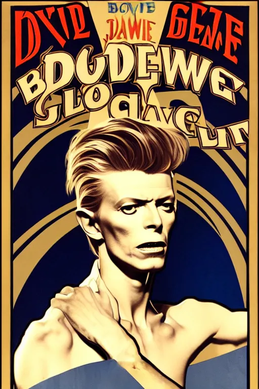 Image similar to david bowie as The Blue Jean Genie music video, J.C leyendecker, alphonse mucha, yoshitaka amano , high resolution, hd, 4k