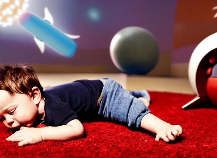 Prompt: toddler elon musk lying on a shaggy rug playing with his space rockets, realistic materials, beautiful soft lighting, wlop