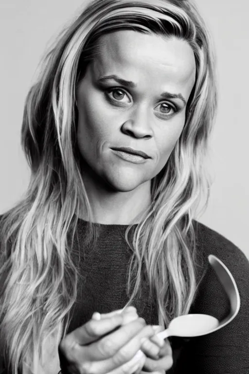 Prompt: an award winning photo of reese witherspoon holding a spoon, spoons, portrait photography, studio lighting, highly detailed, extremely realistic