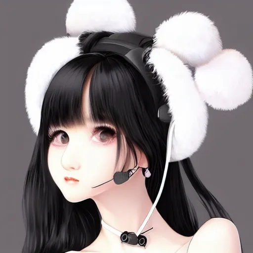 Image similar to realistic beautiful gorgeous natural cute Blackpink Lalisa Manoban black hair cute fur black cat ears, wearing white camisole, headphones, black leather choker artwork drawn full HD 4K highest quality in artstyle by professional artists WLOP, Taejune Kim, Guweiz on Pixiv Artstation