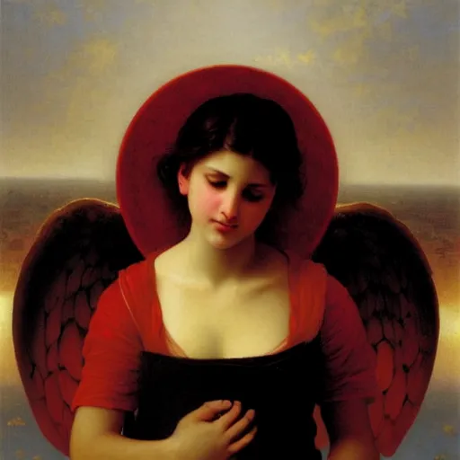 Prompt: Angel crying on top of a red ocean cube, oil painting by William-Adolphe Bouguereau