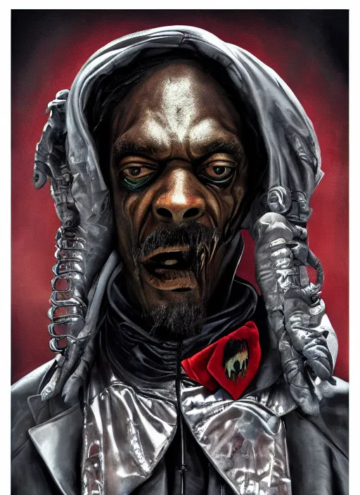 Image similar to giger portrait of snoop dogg as joker, hyper detailed, digital art, trending in artstation, cinematic lighting, studio quality, smooth render, unreal engine 5 rendered, octane rendered, art style by klimt and nixeu and ian sprigger and wlop and krenz cushart.