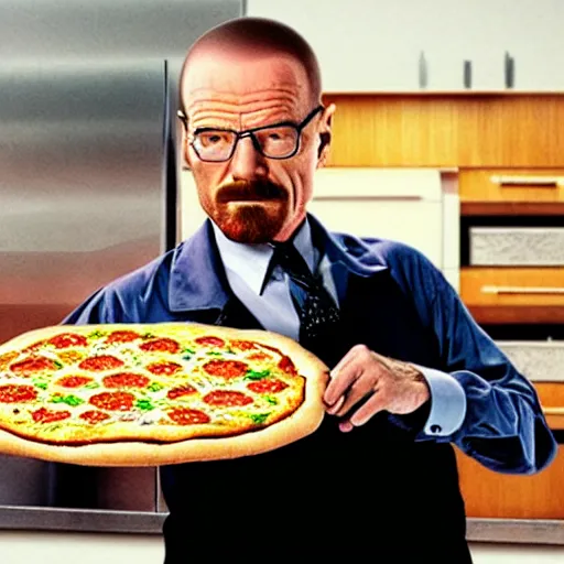 Prompt: bryan cranston as walter white holding a pizza