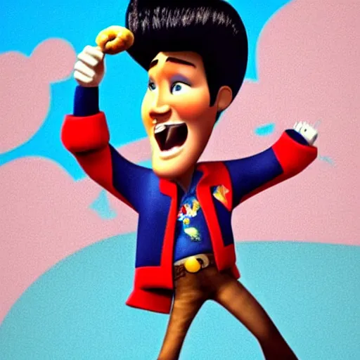 Image similar to elvis presley with pretzel!!!! legs, pixar character, stage background, pixar, 3 d,