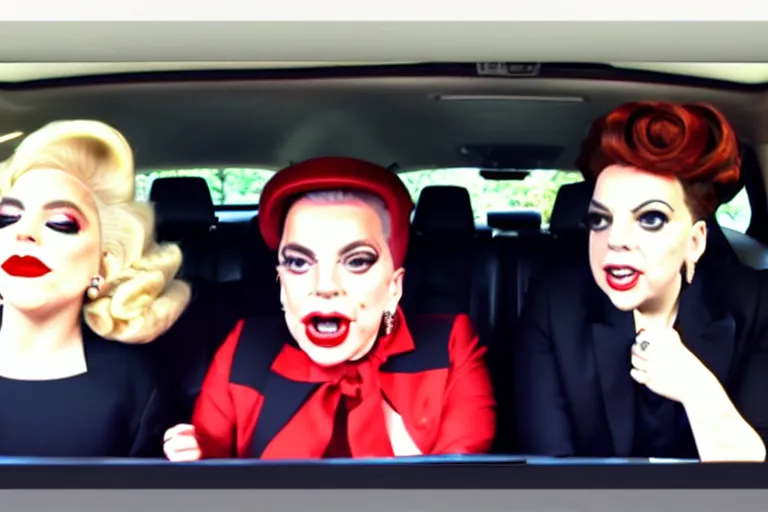 Image similar to lady gaga and judy garland doing carpool karaoke, lady gaga and judy garland, carpool karaoke, lady gaga, judy garland, carpool karaoke, youtube video screenshot, the late late show with james corden