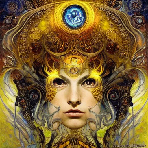 Image similar to Divine Chaos Engine by Karol Bak, Jean Deville, Gustav Klimt, and Vincent Van Gogh, beautiful visionary mystical portrait, sacred, otherworldly, fractal structures, ornate gilded medieval icon, third eye, spirals