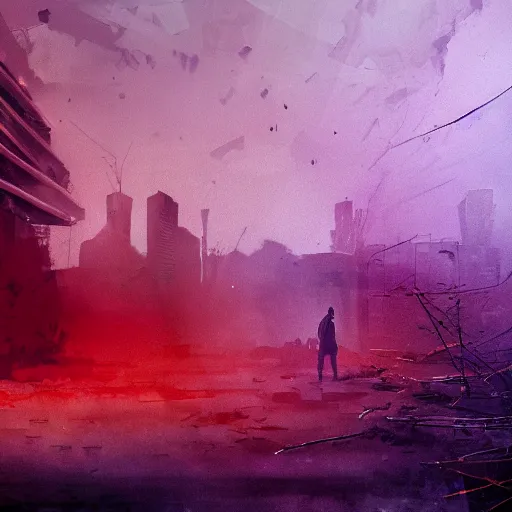 Prompt: a person watching the end of the world, red-purple gradient map, dystopian city, debris, dramatic painting