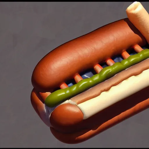 Image similar to pudge from dota 2 eating hot dog. photorealistic. highres. 3 d.