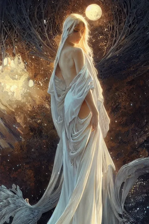 Image similar to Angels in white gauze dresses, the glow of the moonlight, fantasy, intricate, elegant, highly detailed, digital painting, artstation, concept art, matte, sharp focus, illustration, art by Artgerm and Greg Rutkowski and Alphonse Mucha