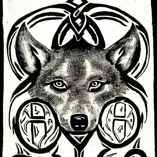 Image similar to wolf with three heads iconography old occult runes intaglio etching engraving alchemy ink witchcraft