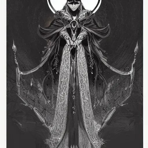 Prompt: Be Occult, a worshipper of the dark arts, donned in an ebony cloak, fantasy, intricate, elegant, highly detailed, digital painting, artstation, concept art, shining, sharp focus, illustration, art by stanley lau in the style of anime