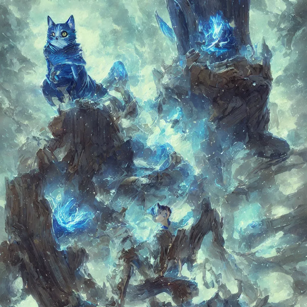 Image similar to anime cat with cloak laying on a magical wood carved chair, super powers, glowing tiny blue lines, concept art, by greg rutkowski, overdetailed art