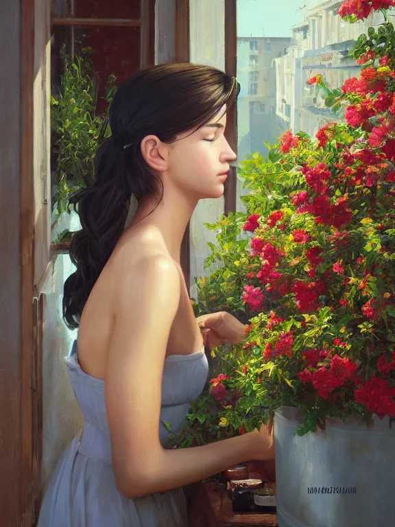 Image similar to an ultradetailed beautiful portrait painting of a cuban girl at a flower shop, side view, oil painting, high resolution, by ilya kuvshinov, greg rutkowski and makoto shinkai