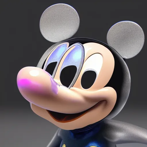 Image similar to counterfeit mickey mouse head, fractal, broken, wet, melting, fractured, mycelium, cubensis, radiant alien, rococo, baroque, automotive, bio-mechanical, porcelain, iridescent, sub surface scattering, unreal engine, octane render