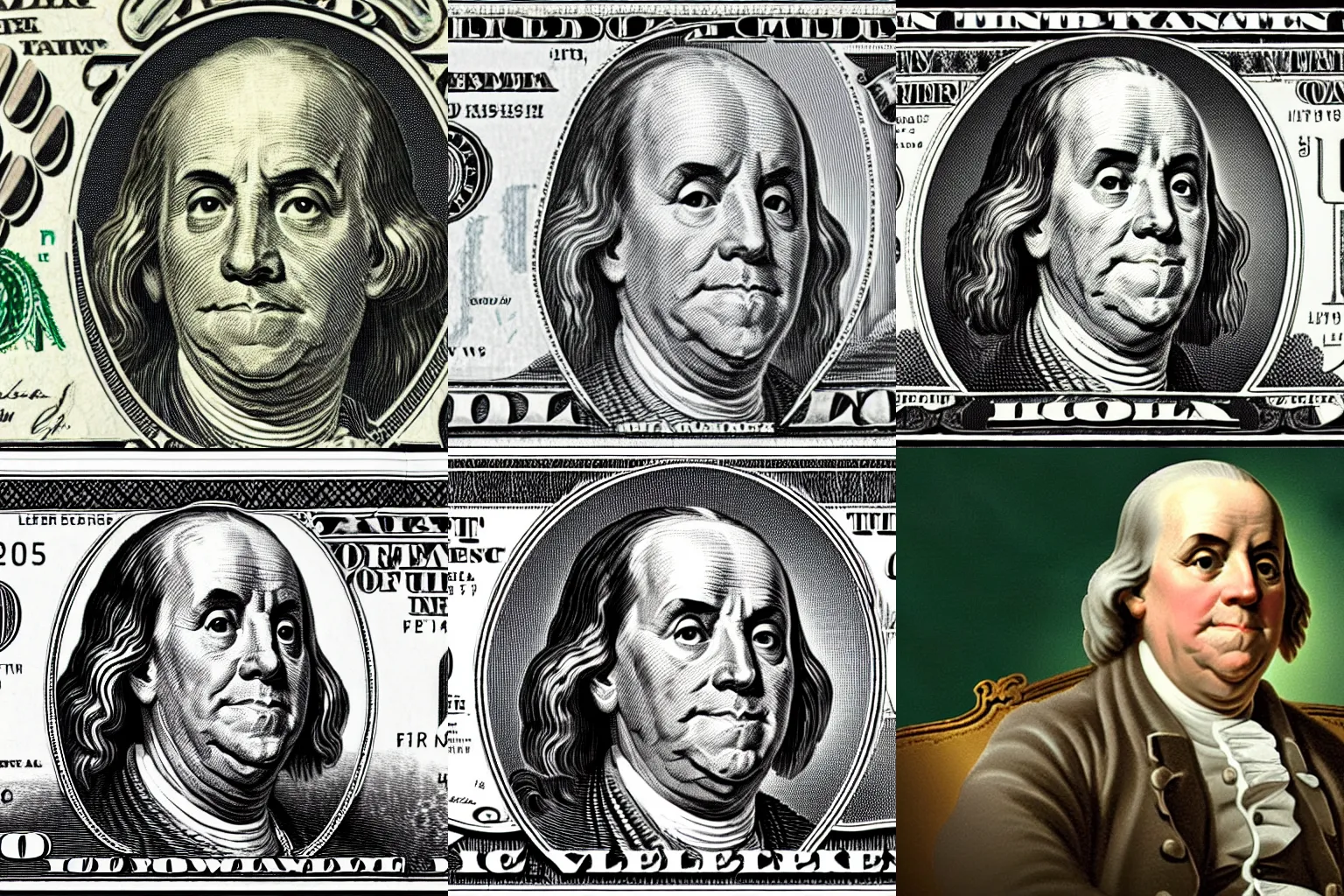 Prompt: Benjamin Franklin on 100 dollar bill frowning