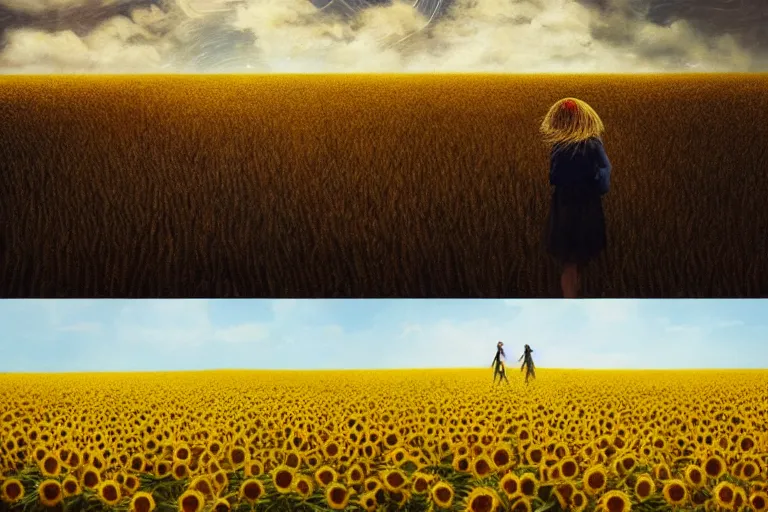 Image similar to huge sunflower head, girl walking in wheat field, hills, surreal photography, dark night, star trails, dramatic light, impressionist painting, clouds, digital painting, artstation, simon stalenhag