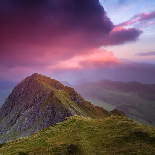 Image similar to Crib Goch!!!!!!!!!!! ridge, rays, epic, cinematic, photograph, atmospheric, dawn, golden hour, sunrise, purple blue sky clouds