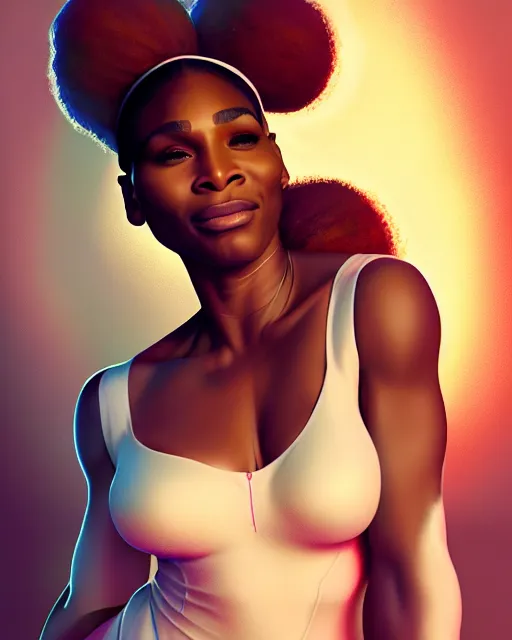 Image similar to Serena Williams as angelic seductress in heaven, au naturel, hyper detailed, digital art, trending in artstation, cinematic lighting, studio quality, smooth render, unreal engine 5 rendered, octane rendered, art style by klimt and nixeu and ian sprigger and wlop and krenz cushart