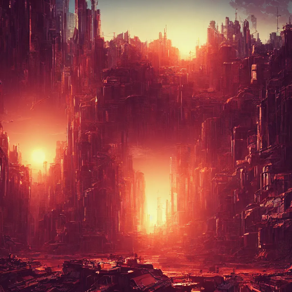 Image similar to the sun is setting over a city on mars, cyberpunk art by alena aenami, featured on deviantart, digital art, matte drawing, matte painting, speedpainting