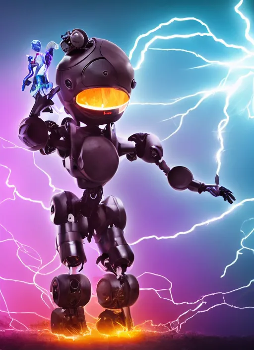 Image similar to apocalyptic scene, a cute humanoid robot holds a trophy over his head with purple and teal lightning in the background