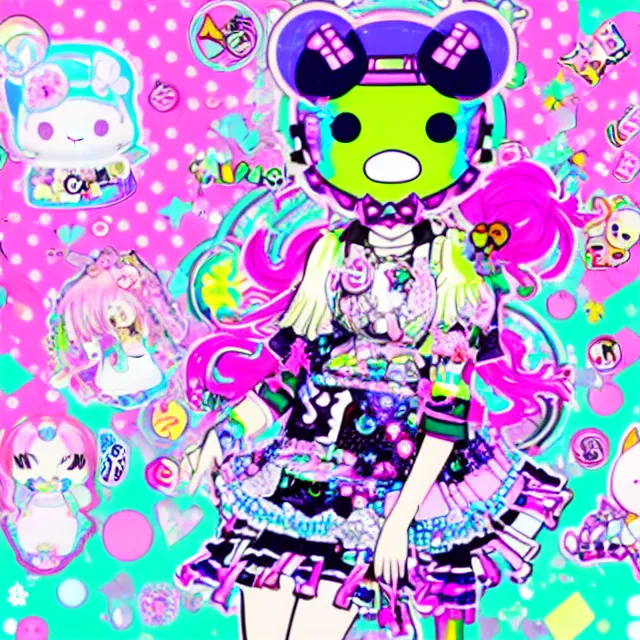 Image similar to cybergoth decora glitchcore yokai girl, sanrio tamagotchi moe ornaments, pastel cute cinematography