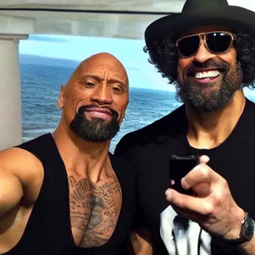 Image similar to caparezza taking a selfie with dwayne johnson, realistic, clean composition