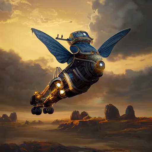 Image similar to an epic fantasy illustration of a flying robotic vespa scooter among the clouds by alejandro burdisio, industrial, hydraulics, prosthetics, 4K, golden hour hues