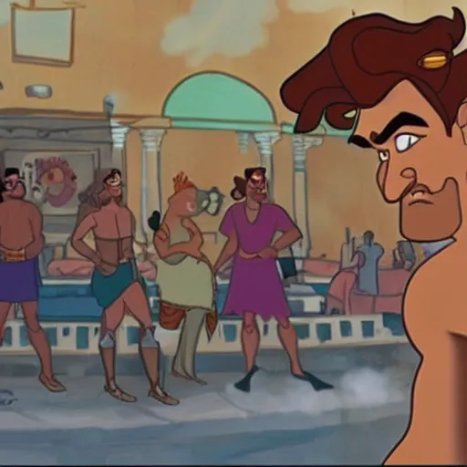 Image similar to Hercules is smoking a blunt, location is a Greek tavern, there are lots of people in the background, Pixar style