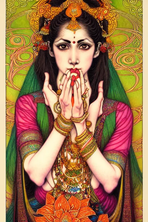 Prompt: beautiful and playful ginger hindu dancer, art nouveau, fantasy, intricate indian flower designs, elegant, delicate hands, highly detailed, sharp focus, art by chie yoshii