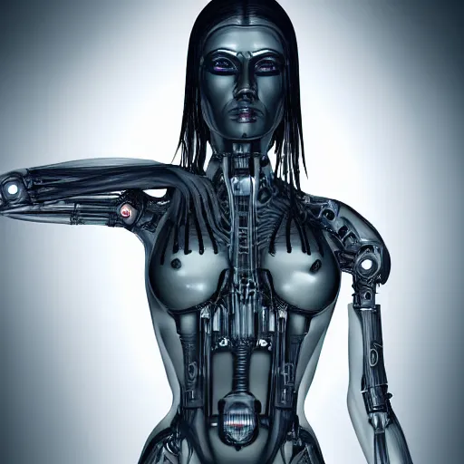 Image similar to Masterpiece full body portrait of a beautiful female cyborg with a beautiful face and flawless skin, parts of her body are made of transparent plastic, symmetrical, surreal H.R. Giger dream landscape, eerie fog, cinematic lighting, 8k