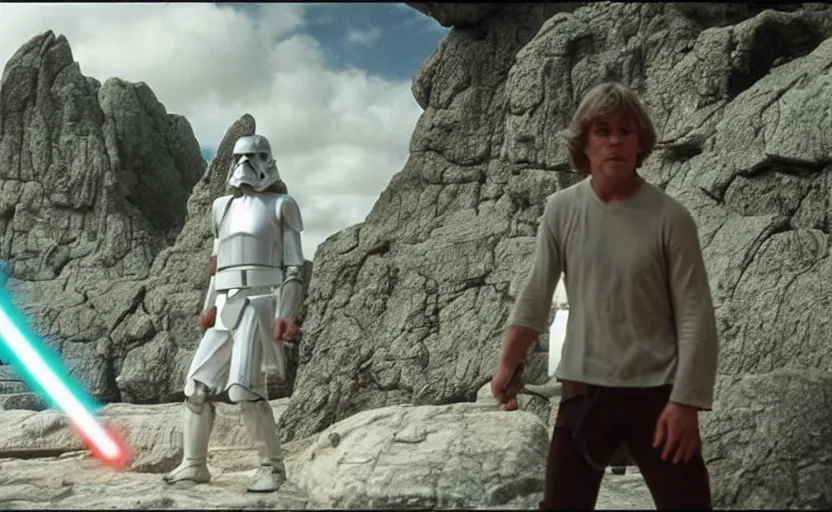 Image similar to screenshot portrait shot of Luke skywalker, played by mark hammill, he hold a lightsaber, facing off against a female sith lord woman in white, outside the rocky Jedi Temple, scene from The Lost Jedi Star Wars film made in 1980, directed by Stanley Kubrick, serene, iconic scene, hazy atmosphere, stunning cinematography, hyper-detailed, sharp, anamorphic lenses, kodak color film, 4k