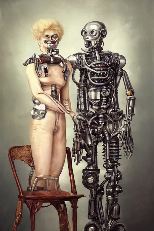 Image similar to a beautiful ultradetailed vintage couples portrait photo of old cyborg standing next to a cyborg sitting on a chair, by tom bagshaw and anna dittman, couples portrait, vignette, 35mm lens, golden ratio composition, detailed faces, studio photography, very detailed, humanoids, artstation, 8k, highly coherent