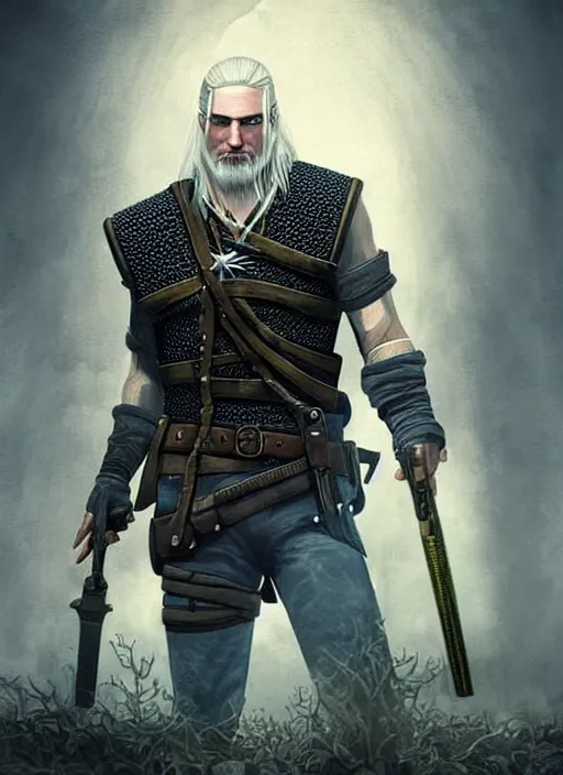 Image similar to portrait of a wizard holding a gun, the witcher has a half shaved head and tattoos, the wizard holding a pistol points downwards, the wizard holding a pistol is only one and stands in a ruined city. by Ciryl Rolando, hyperrealistic illustration, digital art, studio lightning, very detailed faces