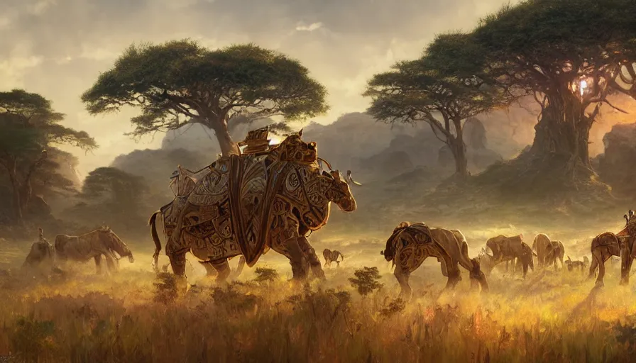 Image similar to the dolorean through the african savannah, artgerm and greg rutkowski and alphonse mucha, an epic fantasy, volumetric light, detailed, establishing shot, an epic fantasy, trending on art station, octane render, midsommar